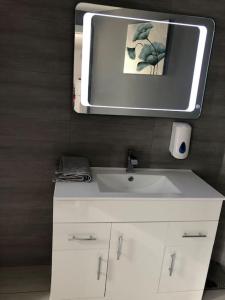 a bathroom with a white sink and a mirror at Private entrance studio , garden and free parking in Slough