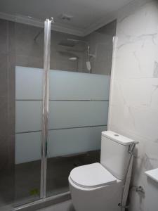 a bathroom with a white toilet and a shower at Policarpo-centro in Torrevieja
