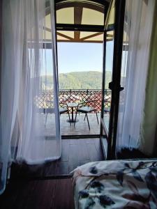 een slaapkamer met uitzicht op een balkon bij Карпатська Вершина in Jaremtsje
