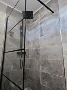 een douche met een glazen deur in de badkamer bij Le B96 in Cayenne