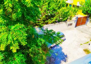 una vista aérea de un jardín con un banco y árboles en Colorful House Costa Trabocchi, en San Vito Chietino