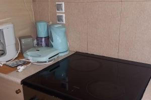 eine Küchentheke mit einem Mixer und einem Gerät in der Unterkunft Εξοχικό MARIA in Ambelákia