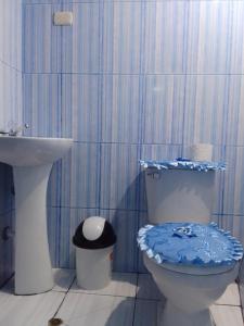 La salle de bains bleue et blanche est pourvue de toilettes et d'un lavabo. dans l'établissement Incas Town Inn, à Cusco