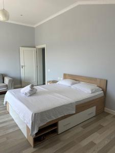 1 dormitorio con 1 cama grande y espejo en Hilltop Villa, en Tirana