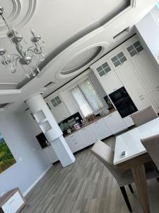 地拉那的住宿－Hilltop Villa，客厅配有餐桌和吊灯。