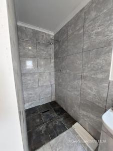 a bathroom with a shower with gray tiles at The Dauphin House in Johannesburg