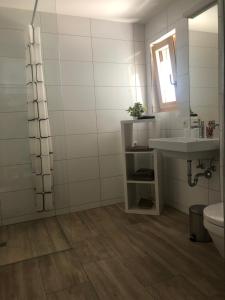 bagno con lavandino, servizi igienici e specchio di Apartments "Am Ardetzenberg" a Feldkirch