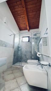 uma casa de banho com um chuveiro, um WC e um lavatório. em B&B Casale Pietrantica Tropea em Ciaramiti