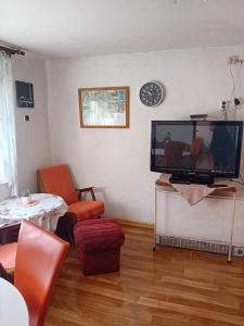sala de estar con TV de pantalla plana en la pared en Rekreační chata Kocába, en Štěchovice