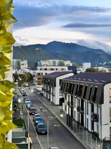 uma cidade com carros estacionados numa rua com edifícios em Scandiland Apartment em Brasov