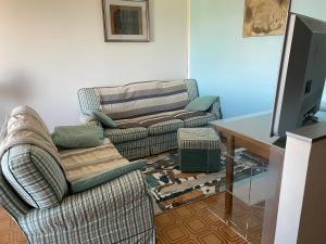 uma sala de estar com dois sofás e uma televisão em Appartamento Scarlett em Villafontana