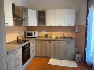 una piccola cucina con lavandino e forno a microonde di Appartamento Scarlett a Villafontana