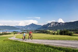 duas pessoas a andar de bicicleta numa estrada com montanhas ao fundo em Apartment Ferienwohnung DAS UNTERACH am Attersee em Unterach am Attersee