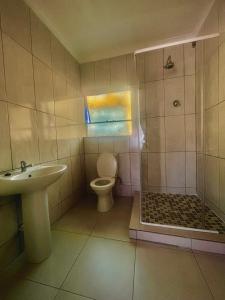 een badkamer met een douche, een toilet en een wastafel bij Lindy's Guesthouse in Maseru