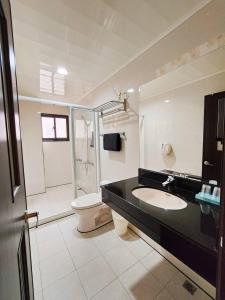 een badkamer met een toilet, een wastafel en een douche bij 晢宿民宿 Lucent Bed & Breakfast in Magong