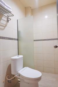 a bathroom with a white toilet and a shower at City Hotel Mataram in Mataram