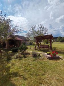 a garden with a wooden gazebo in a yard at Casa Alex in Gălăuţaş