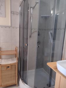 a shower with a glass door in a bathroom at L' Angolo Divino in Lądek-Zdrój