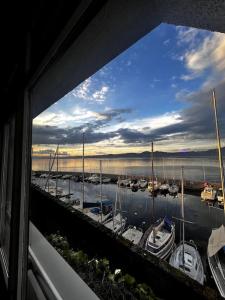 - une vue sur un port de plaisance avec des bateaux dans l'eau dans l'établissement Charmant studio - Vue panoramique lac, à Meillerie