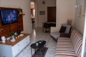 ein Wohnzimmer mit einem Sofa und einem TV in der Unterkunft Acropolis rooftop view, 200m from Neos kosmos metro station in Athen