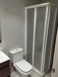ein Badezimmer mit einem weißen WC und einer Dusche in der Unterkunft 3 hab 2 baños parking terraza in Soria