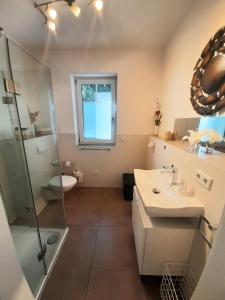 ein Bad mit einer Dusche, einem Waschbecken und einem WC in der Unterkunft Villa Bianca - Holiday & Business in Elsenfeld