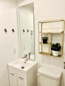 uma casa de banho com um lavatório e um espelho em Spacious one room in two floors apartment-102 em Montreal