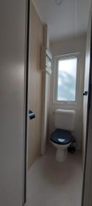 a small bathroom with a toilet with a window at Chalet type F in Voorthuizen +12 photos