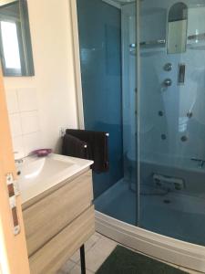 y baño con ducha acristalada y lavamanos. en Maison familiale à 1km de la mer, en Blainville-sur-Mer