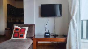 - un salon avec un canapé et une télévision murale dans l'établissement Skylight Apartment, à Nuwara Eliya
