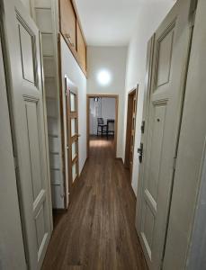 a hallway with white doors and wooden floors at Luxury apartment in the heart of Prague in Prague