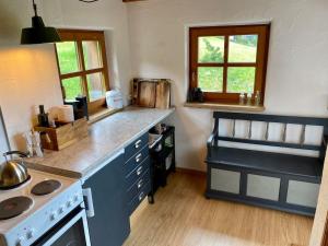 a kitchen with a stove and a counter top at Kastnhäusl Wildschönau - urige Hütte mit Bergblick in Oberau +22 photos