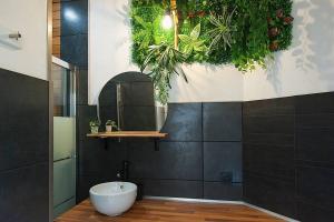 uma casa de banho com lavatório, espelho e plantas em Cosy studio - Best location em Nice