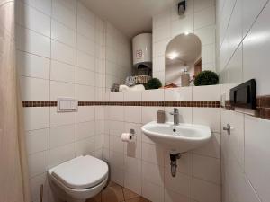 y baño con aseo y lavamanos. en Apartaments in the city centre en Kaunas