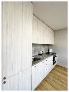 a kitchen with white cabinets and a sink at Apartaments in the city centre in Kaunas