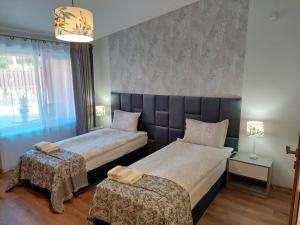 烏特納的住宿－Lapių Ola，一间卧室设有两张床和窗户。