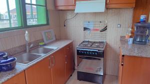 a small kitchen with a stove and a sink at Hostelito Room in Kigali