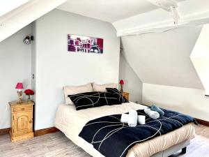 1 dormitorio con 1 cama con almohadas blancas y negras en Gîte Diamant, Vallée du Scorff, Nature, Bien-être, en Arzano