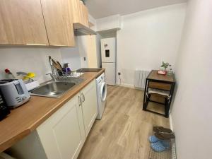 a kitchen with a sink and a dishwasher at Cosy Studio in trendy Islington, w/private garden! in London