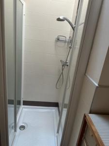 a shower with a glass door in a bathroom at Mansarda Cimbra in Folgaria