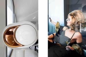 2 Bilder einer Frau in einem Kleid und einem Spiegel in der Unterkunft Belvedere - Villa Luxe Montfleury in Cannes