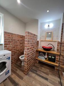 a bathroom with a brick wall and a toilet at Apartman centrum Šturka in Martin