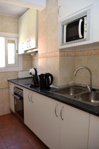 a kitchen with a sink and a microwave at Apartamentos Atlas Terrassa II in Terrassa