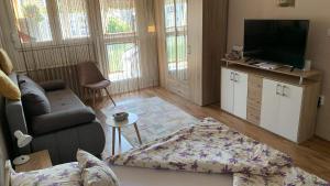 uma sala de estar com um sofá e uma televisão de ecrã plano em Sweet-home erkélyes apartman Kaposvár em Kaposvár