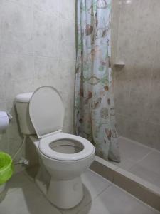 ein Bad mit einem WC und einem Duschvorhang in der Unterkunft Hotel heliconias mompox in Mompós