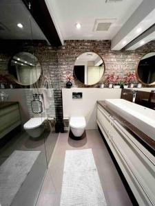 a bathroom with a sink and a toilet and a mirror at Superb Duplex Penthouse in FIDI in New York