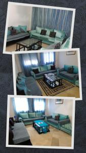 3 fotos de una sala de estar con sofá y mesa en Palmeraies vacances Tunis en La Marsa
