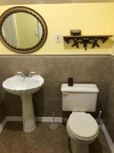 ein Badezimmer mit einem Waschbecken, einem WC und einem Spiegel in der Unterkunft the red star room C in Niagara Falls