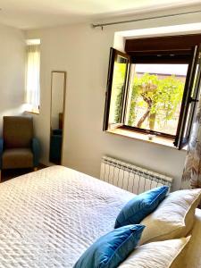Un dormitorio con una cama con almohadas azules y una ventana en Edulis 1, en Arenas de San Pedro