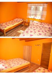 two beds in a room with orange walls at Zielona Plaża in Bereżnica Wyżna